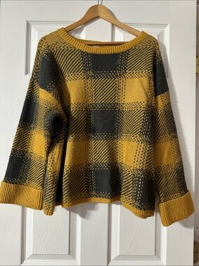 a.n.a Mustard and Charcoal Plaid Crewneck Sweater